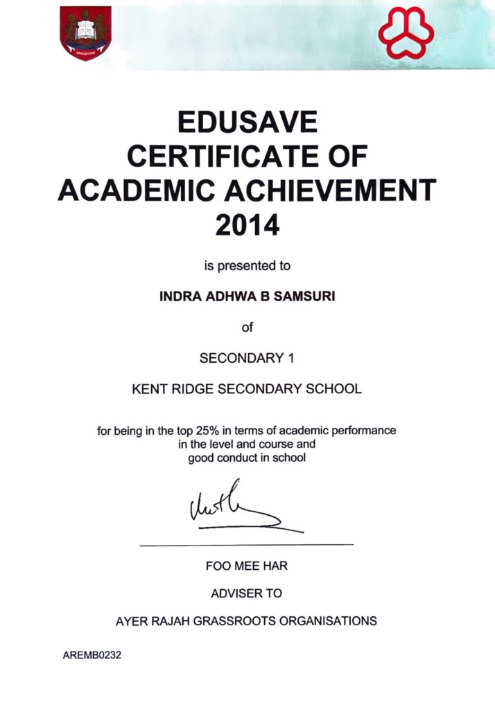 Indra's Edusave Certificate Of Academic Achievement 2014