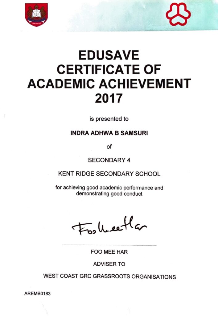Indra's Edusave Certificate Of Academic Achievement 2017
